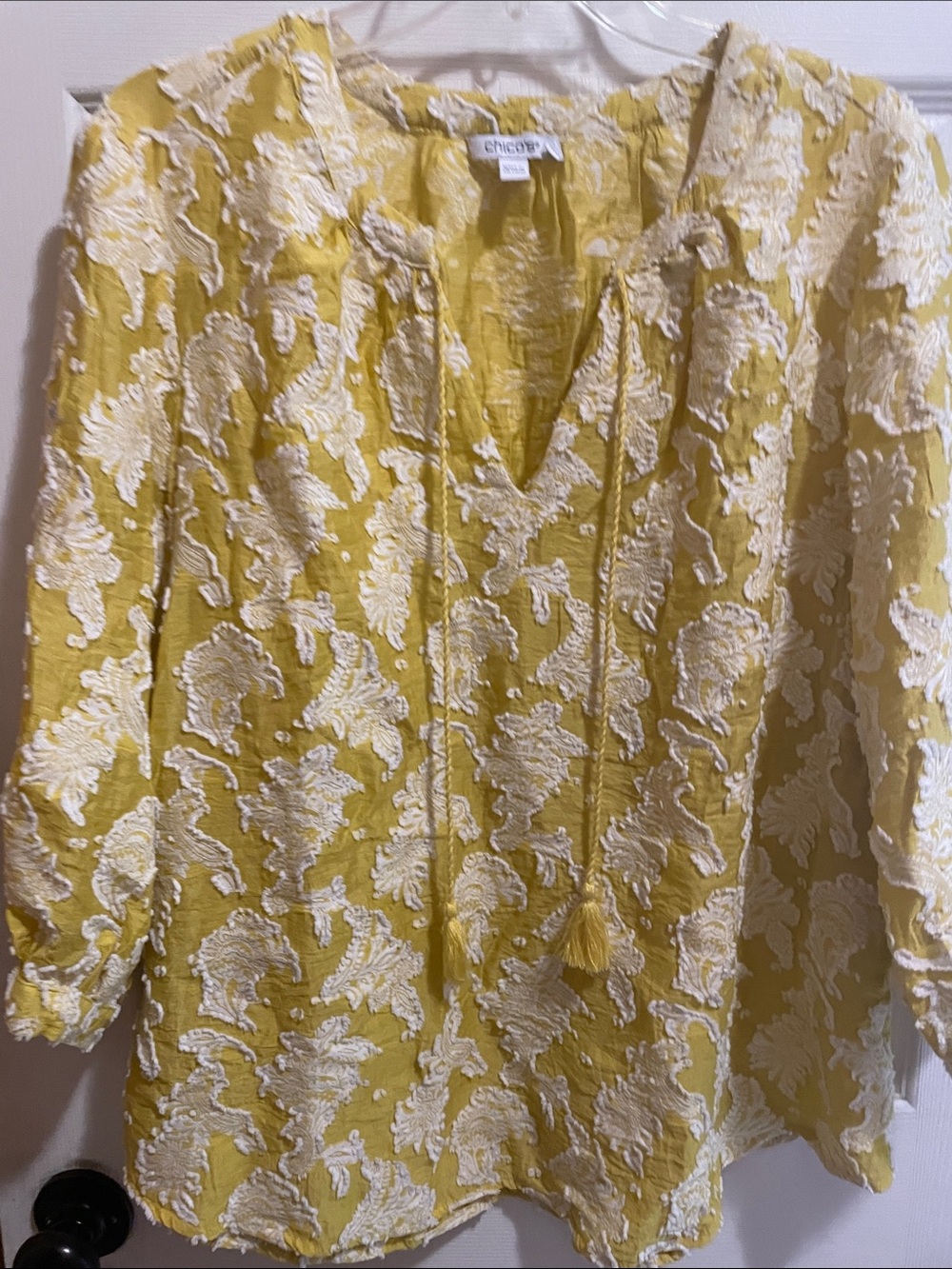 Chico's Yellow & White Embroidered Tie-Neck Tunic
